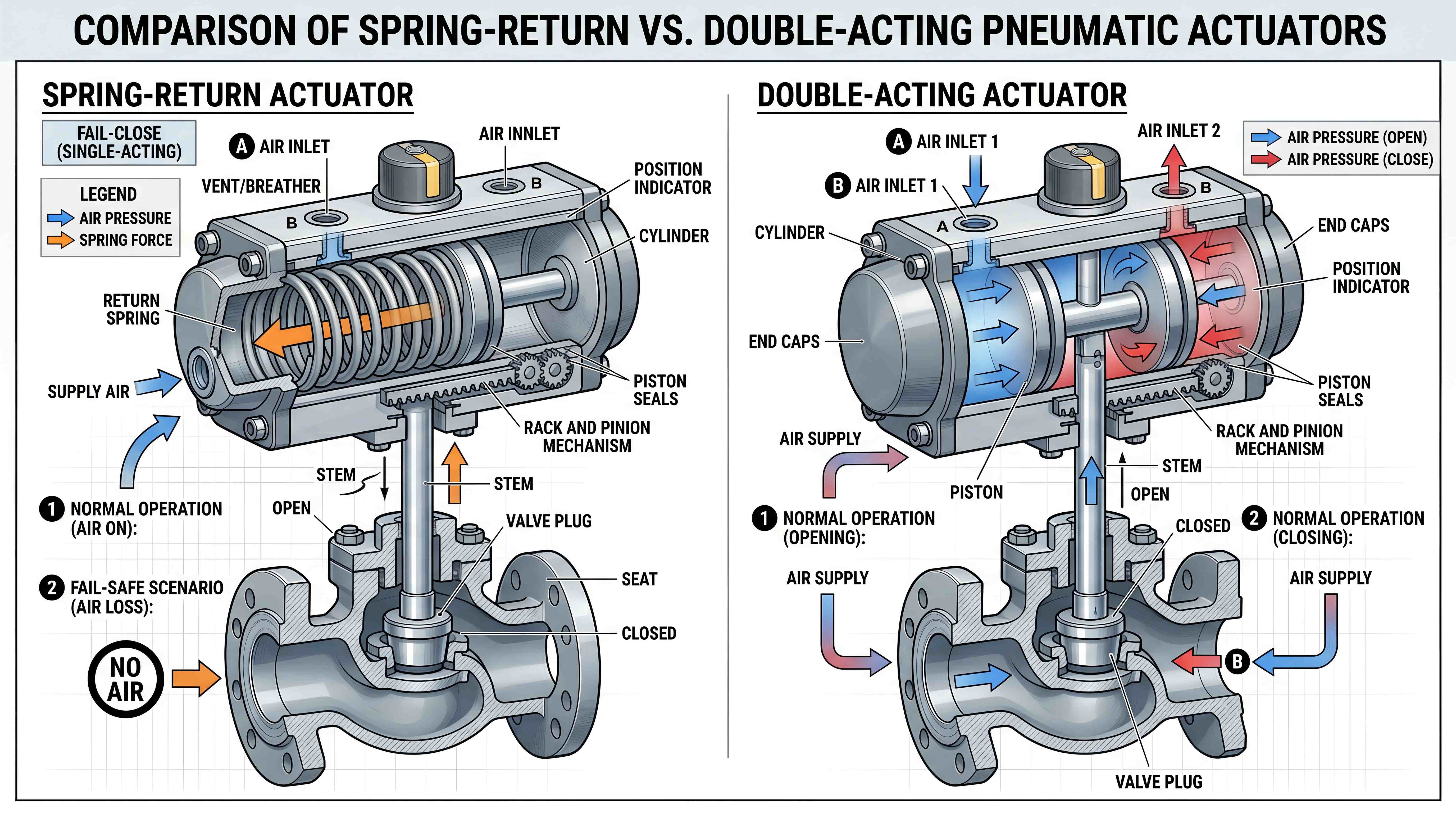 Working principle comparison of spring return and double acting pneumatic actuators for fail-safe valve automation